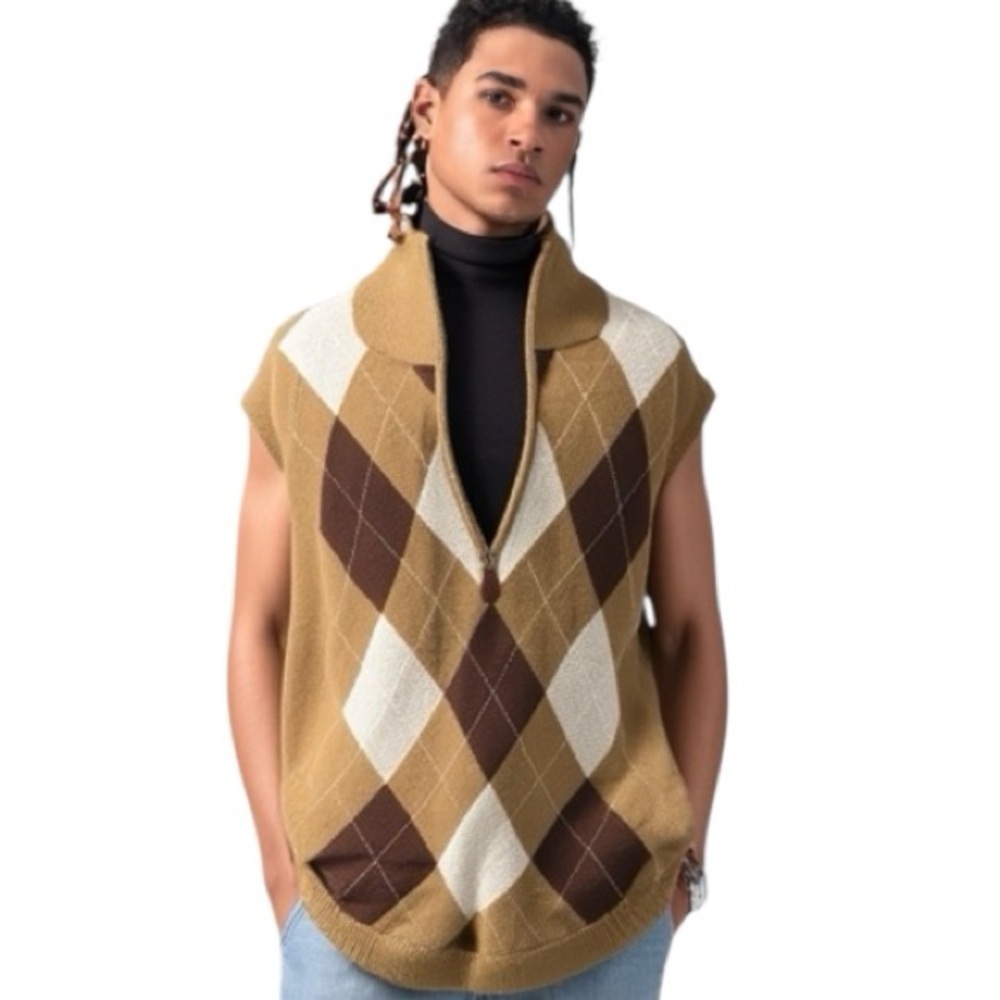 Brown Argyle Golf Sweater Vest Mens L Cotton 1/4 Zip Mock Neck Pullover EUC